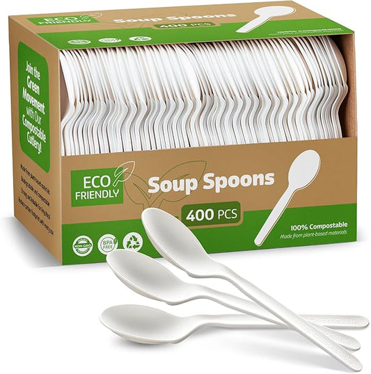 100% Compostable PLA Spoons Bulk Pack 400 Pcs Biodegradable Disposable Plastic Cutlery Utensils