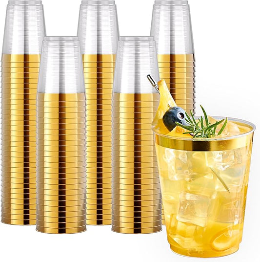 JOLLY CHEF 200 Pack 10 oz Gold Plastic Cups Elegant Gold Rimmed Disposable Cups Heavy-Duty Party Cups for Wedding, Thanksgiving, Christmas Parties