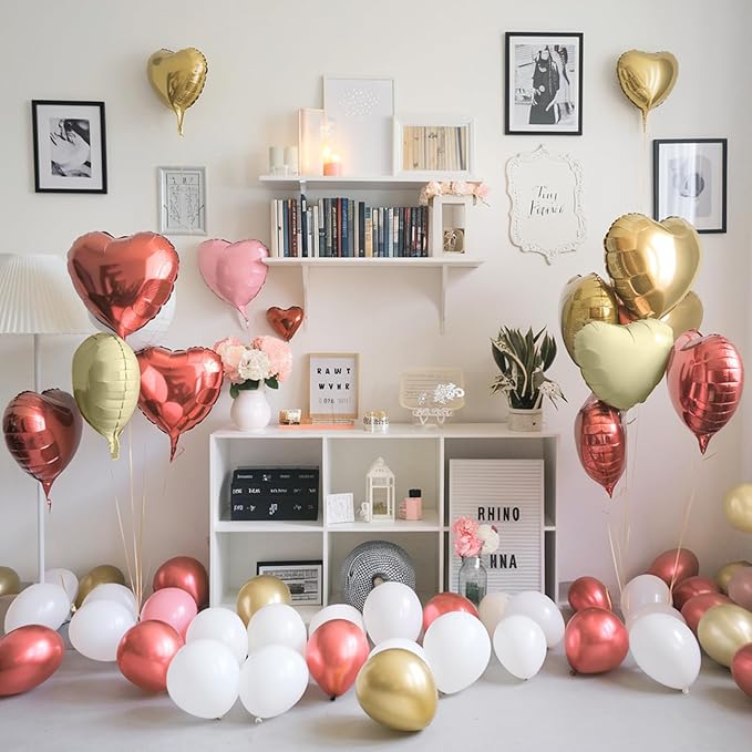 Rose Gold White Heart Balloons, 19PCS Champagne Gold Heart Shape Balloon, 18Inch with 10Inch Gold and Cream Helium Foil Love Balloon for Girls Birthday Baby Shower Wedding Mother's Day Decoration