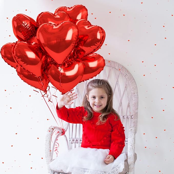Biapian Foil Heart Balloons Red, 10PCS Red Heart Shape Balloons, Valentines Balloons 18inch Red Foil Balloons for Helium Valentine Decorations for Valentines Day, Wedding, Anniversary Decoration