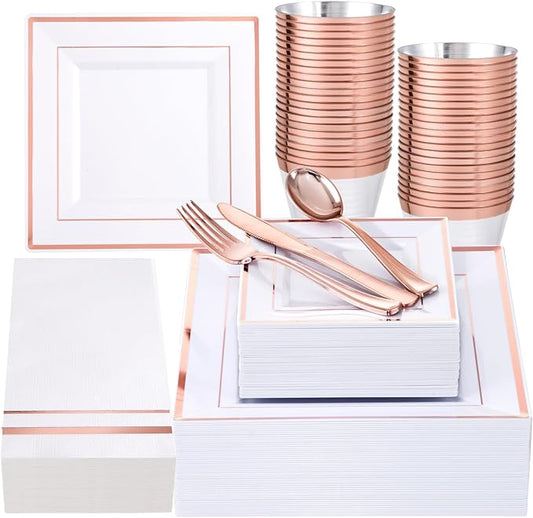 Festiva 350Pcs Rose Gold Plates and Napkins Party Supplies-Square White and Rose Gold Disposable Dinnerware include Plates Cups Cutlery Napkins for 50 Guests Wedding &Christmas Party&Mother's Day