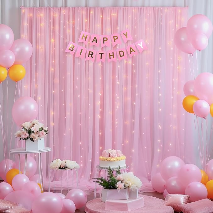 30ft x 10ft Pink Backdrop Curtain with Lights String for Parties, Sheer Tulle Wedding Photo Backdrops Drapes for Baby Shower Birthday Party Decorations Background for Photography