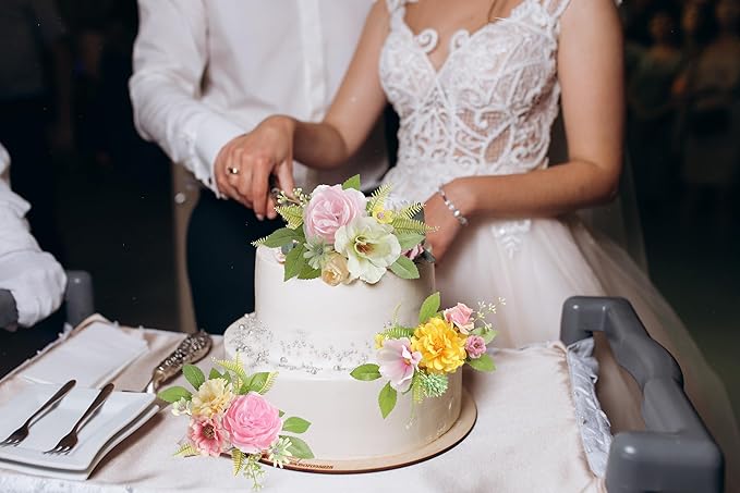 Cake Toppers Flowers,3 Pieces Hand-made Silk Flowers Cake Decorations for Birthday Baby Shower Wedding Valentine's Day Celebration Boho Party Supplies (Yellow Pink)