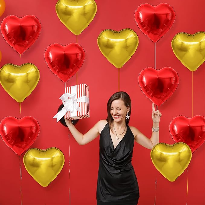 Red Gold Heart Balloons,12Pcs Red Heart Shaped Foil Balloons,18Inch Gold Helium Polyester Film Balloon for Baby Shower Birthday Anniversary Wedding Party Decorations