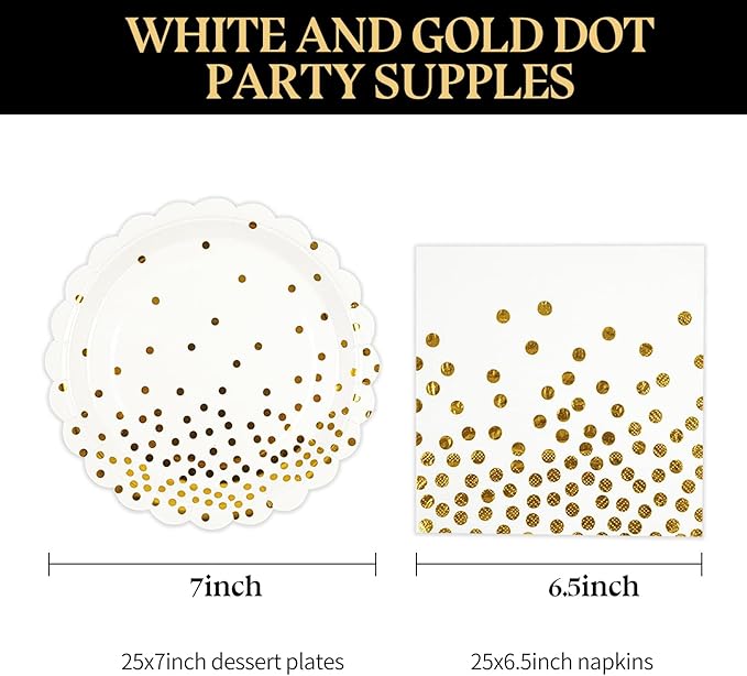 50PCS White and Gold Paper Plates and Napkins Party Supplies, 7 Inch Scalloped Dot Paper Dessert Cake Plates and Napkins Disposable Tableware Set for Birthday Baby Shower Wedding Decorations