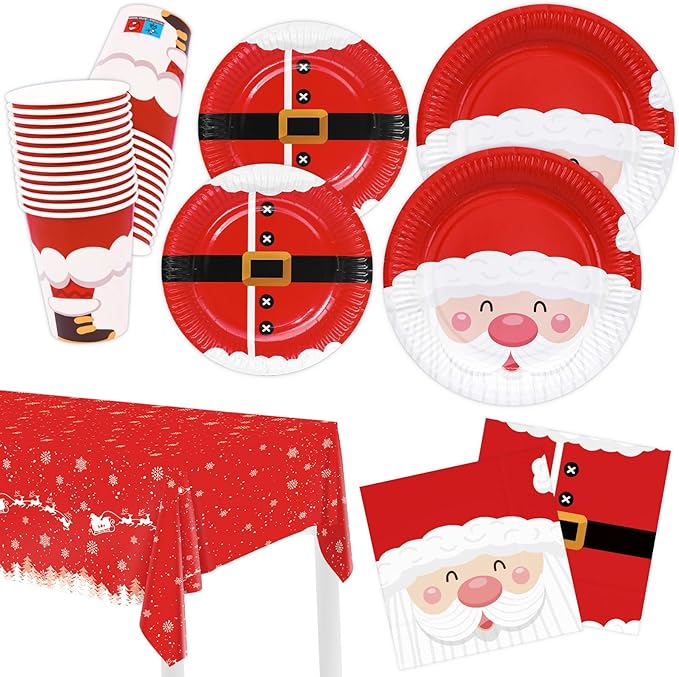 100 Christmas Party Paper Plates Napkins and Cups Set Santa Claus Disposable Dinnerware Set