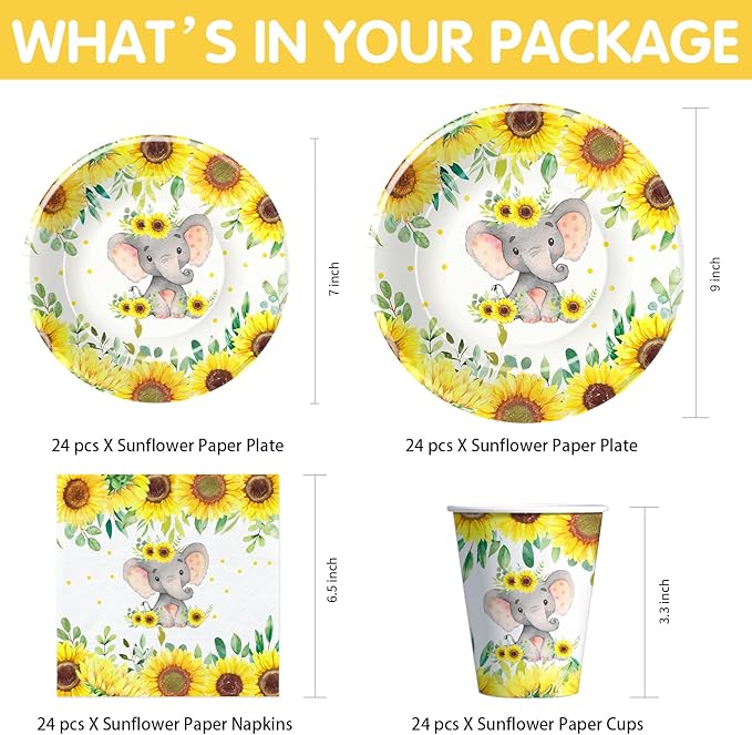 Xigejob Elephant Baby Shower Party Supplies - Elephant Baby Shower Birthday Decorations Tableware Include Plates, Cups, Napkins, Tablecloth, Cutlery, Straws | Serves 24