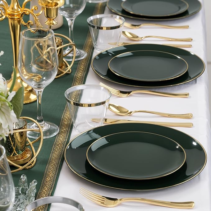 WDF 300Pcs Green Plates Disposable - Heavy Duty Green Plates - 50Guest Christmas Plastic Dinnerware Include 50 Dinner Plate, 50 Dessert Plate, 150 Cutlery & 50 9oz Cups for Christmas Parties