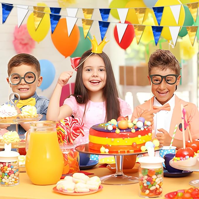 32.8FT Navy-Blue White Gold Glitter Triangle Pennant Banner Flag Metallic Bunting Fabric Garland for Christmas Graduation Retirement Wedding Bridal Shower Nautical Ahoy Achor Party Decorations Decor