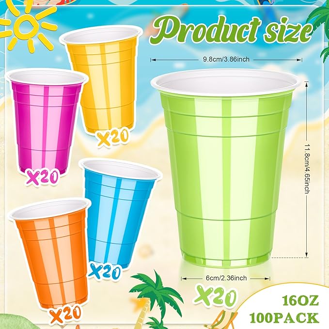 KesaPlan 100PCS 16 oz Hawaii Laua Cups, Colorful Plastic Cups in Orange, Hot Pink, Blue, Lime and Yellow, Disposable Drinking Cup for Tropical Luau Hawaiian Moana Birthday Party Decorations Supplies