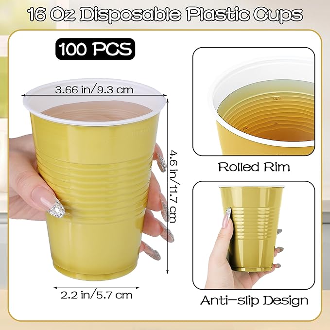 100 Pack 16 Ounce Disposable Plastic Cups Black and Gold Plastic Party Cups Heavy Duty Drinking Cup Bulk for Party Graduation Wedding Birthday Halloween Festival Supplies