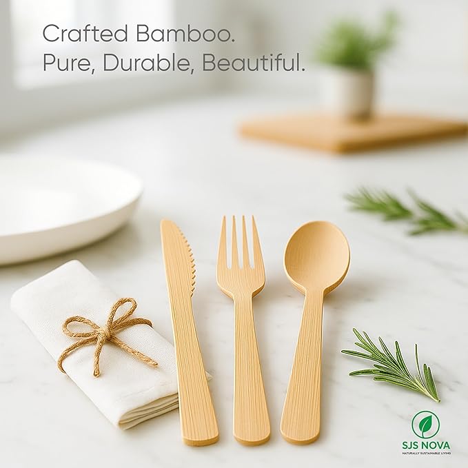 Premium Pre-Rolled Napkin and Bamboo Cutlery Set (60 Pack, 240 PCS) 100% Biodegradable, Eco-Friendly, Disposable Wrapped Cutlery - Includes Pre-Wrapped Bamboo Forks, Knives, Spoons, & Napkins