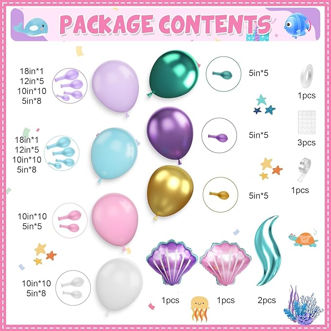 Mermaid Balloon Garland Arch Kit, Pastel Pink Purple Teal Blue Clear Latex Balloons with Mermaid Tail Seashell Foil balloons, for Girls Little mermaid Party Decorations Under the Sea Birthday Supplies