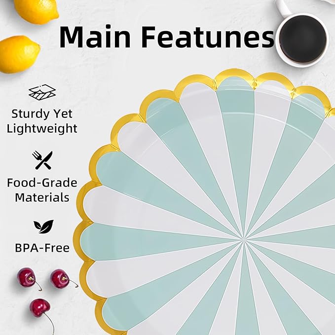 party paper plates,9 inch,scalloped disposable Paper Plates,compostable biodegradable utensils 50 - pack Gold Trimmed Striped Holiday Party Rehearsal 6 colors