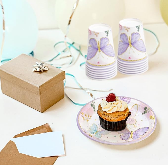 Butterfly Birthday Party Supplies - Butterfly Party Decorations Tableware Include Paper Plate, Napkin, Cup, Disposable Cutlery, Butterfly Baby Shower Decorations Dinnerware | 24 Guests