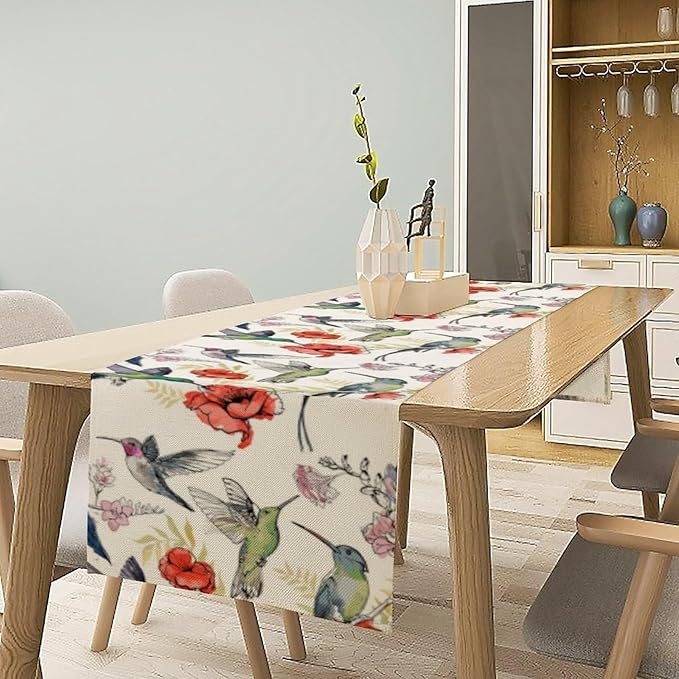 Summer Tropical Hummingbird Floral Table Runner,Spring Birds Table Runner Burlap Table Decoration for Seasonal Home Kitchen Dining Dinner Indoor Holiday Farmhouse Decor 13x120 Inch