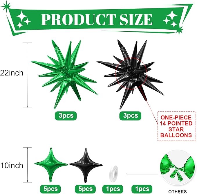 Black Green Star Balloon,6Pcs 22Inch Explosion Star Balloons and 10Pcs 10Inch Four Angle Balloons Kit for Birthday Halloween Anniversary Baby Shower Wedding Party Decorations
