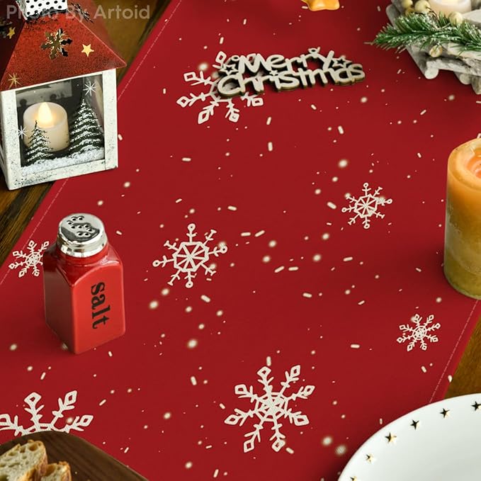 Artoid Mode Red Snowman Snowflake Let it Snow Winter Table Runner, Seasonal Christmas Kitchen Dining Table Decoration for Home Party Decor 13x108 Inch