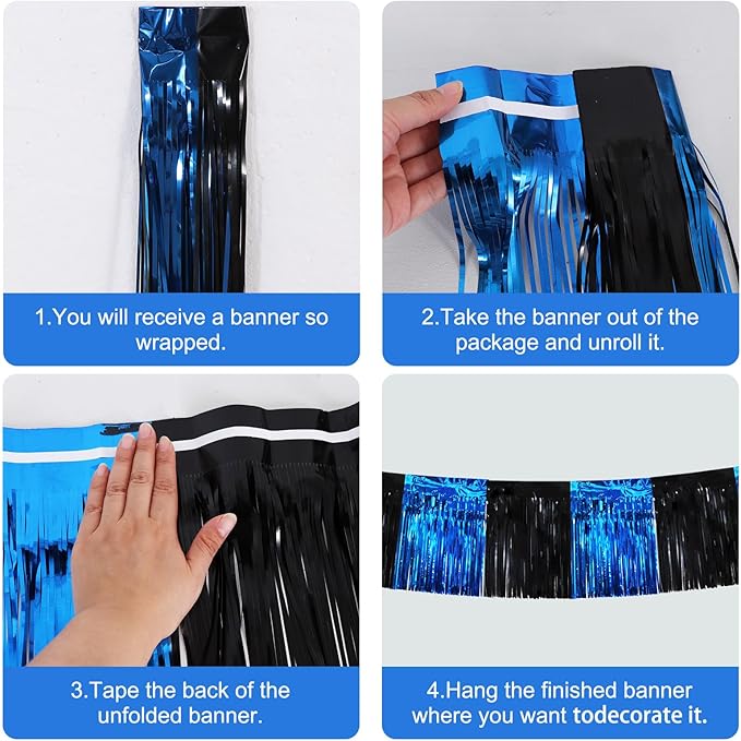 BEISHIDA 3 Packs Metallic Foil Fringe Garland Black Blue Wall Hanging Tinsel Fringe Banners for Car Floats Bridal Shower Wedding Birthday Easter Graduation Holiday Party Decoration(30 Feet)