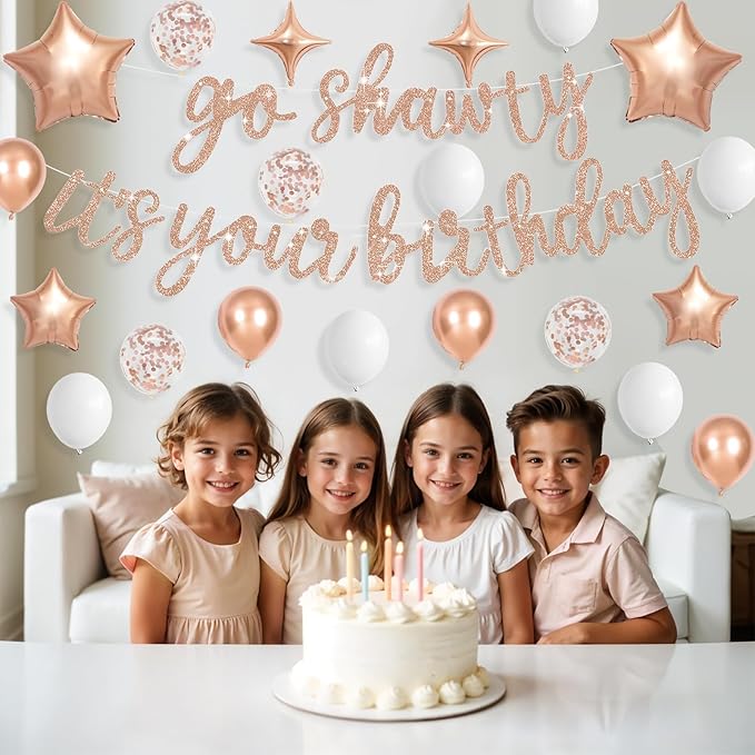 Rose Gold Go Shawty It's Your Birthday Banner Balloons Set, Glitter Happy Birthday Banner with Rose Gold Confetti Balloon Star Foil Balloon for Girls Women Hip Hop Rap Theme Birthday Party Decorations