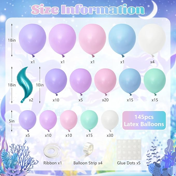 Mermaid Balloon Arch Kit 145pcs Purple Pastel Pink light Blue Balloons with Mermaid Tails Foil Balloons Garland for Ocean Themed Party Baby Shower Decorations