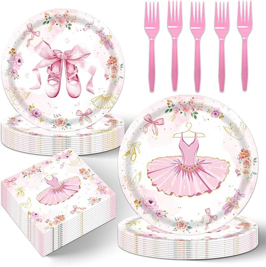 96Pcs Ballerina Birthday Party Decorations for 24 Guests - Disposable Tableware Ballerina Supplies Party Favors Plates and Napkins Forks for Girls Baby Shower Birthday Decorations