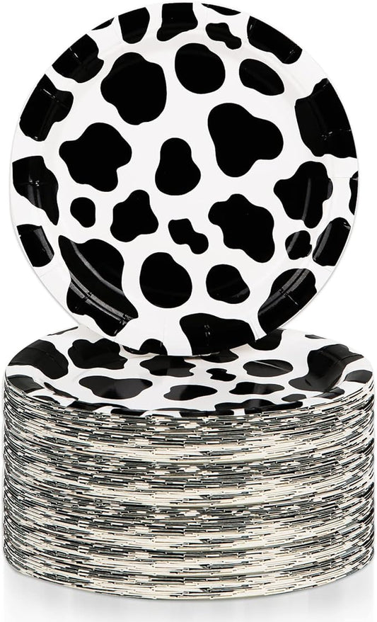 100 Pcs Cow Print Plates 7 Inch Cow Print Paper Party Supplies Disposable Dinner Dessert Plate Cow Theme Birthday Party Baby Shower Picnic Decorations (White)