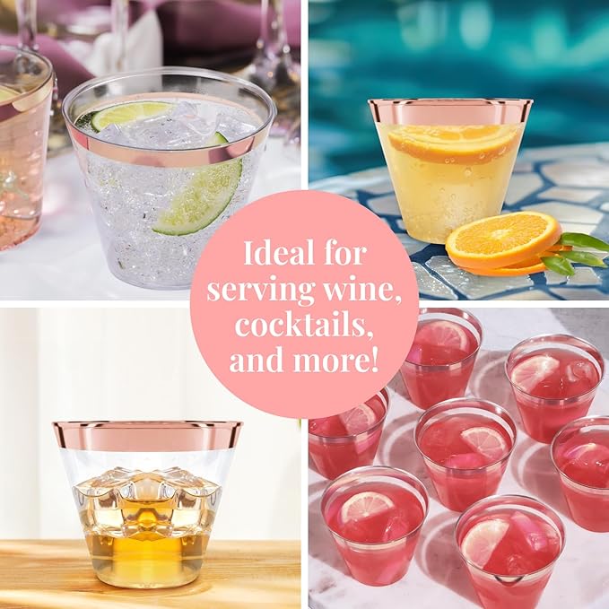 Prestee 100 Rose Gold Plastic Cups - Rose Gold Plastic Cups 9 oz - Party Decorations - Disposable Wine Cup - Clear Cup - Bulk Party Wine Glasses