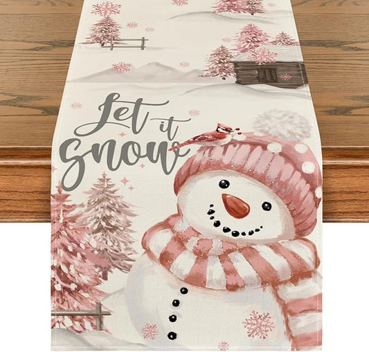 Artoid Mode Xmas Trees Let It Snow Snowman Christmas Table Runner, Seasonal Winter Holiday Kitchen Dining Table Decoration for Home Party Decor 13x72 Inch