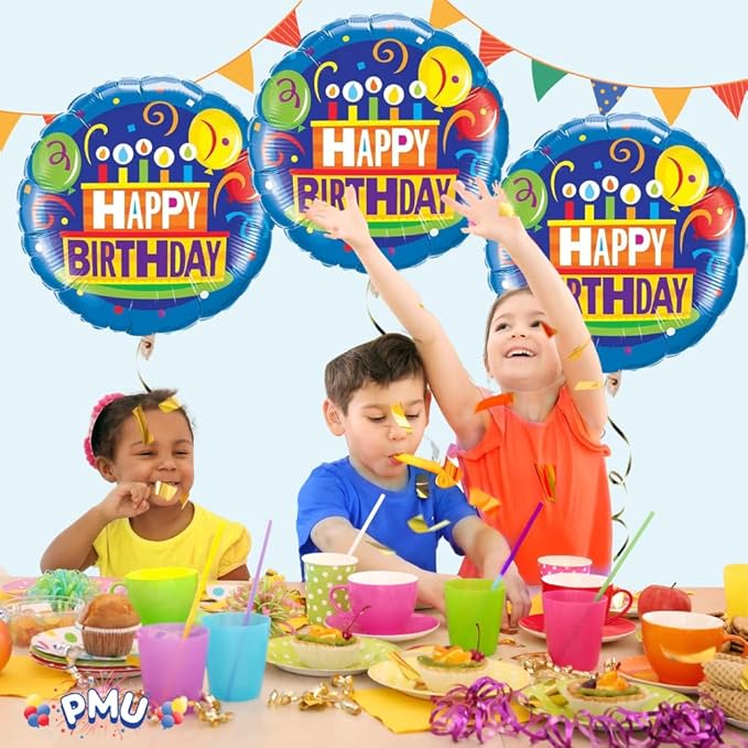 PMU Happy Birthday Cake and Balloons 18 Inch Mylar-Foil Balloon Pkg/5