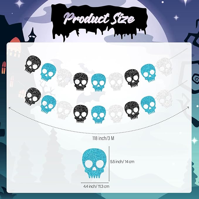 2PC Black/Silver/Blue Skull Garland for Halloween Party Decorations Glitter Skull Banner for Boy/Men Gothic Birthday Decorations Supplies