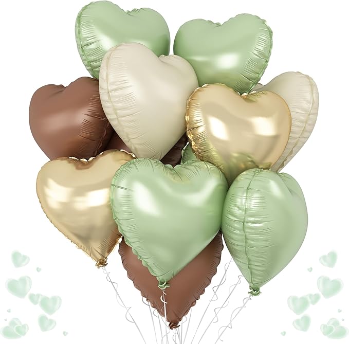 Green Gold Brown Heart Balloons, 12Pcs Retro Green Pastel Gold Beige Coffee Heart Shape Foil Balloons Olive Neutral Tan Cream Balloon for Boho Woodland Birthday Camo Army Hunting Baby Shower