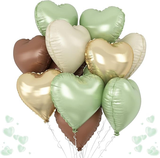 Green Gold Brown Heart Balloons, 12Pcs Retro Green Pastel Gold Beige Coffee Heart Shape Foil Balloons Olive Neutral Tan Cream Balloon for Boho Woodland Birthday Camo Army Hunting Baby Shower