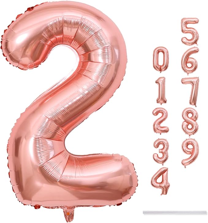 40 Inch Rose Gold Foil Balloon Number 2, Large Self Inflating Number Balloons 0-9 Digital Helium Balloons Set for Girls 2nd Birthday Women Anniversary New Year Baby Shower Party Decorations Supplies