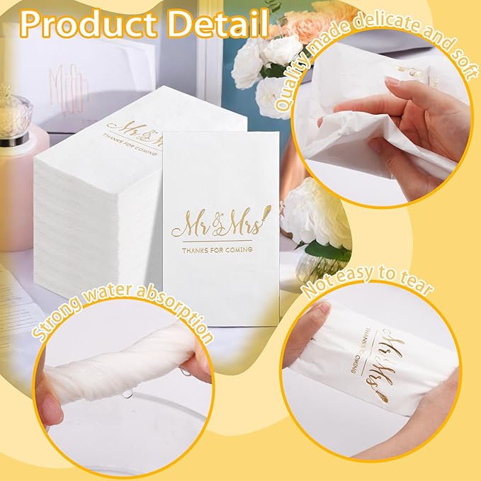 200PCS Gold Napkins - 3-Ply Mr and Mrs Napkin - Disposable Dinner Paper Napkins for Table Decorations, Ideal for Weddings, Showers, Engagement Parties