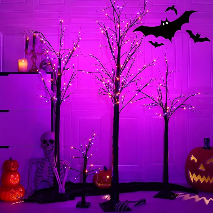 Set of 3 Lighted Black Halloween Tree 4FT 5FT and 6FT, Higher Size, Timer Function Orange & Purple Spooky Tree with 96 LED Lights for Indoor & Outdoor Halloween Decorations Yard Garden Home Party