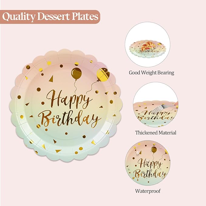 50PCS Happy Birthday Paper Plates and Napkins Set - 7 Inch Colorful and Gold Birthday Cake Plates Scalloped Dessert Plate Disposable Tableware for Birthday's Party Supplies Decorations