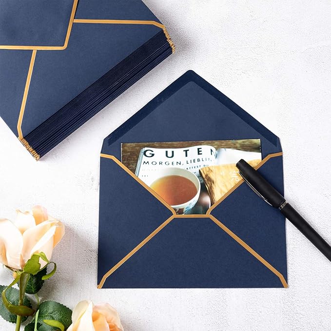 100 Pack Navy Blue A7 Envelopes 5 x 7 Card Envelopes V Flap with Gold Border for Office, Wedding Gift Cards, Invitations, Graduation, Baby Shower, Parties (5.32 x 7.28 Inches, Navy Blue)