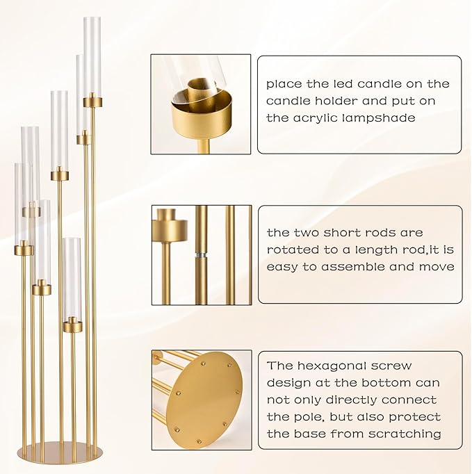 Gold Candelabra Wedding Centerpieces for Tables,Floor Candelabra Candlestick Holders 7 Arm Candle Holder Acrylic lampshade for Christmas Event candelabros para centros de mesa Fit 0.98" LED Candle