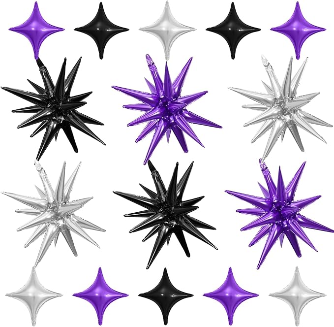 Black Purple Silver Star Balloon,6Pcs 22Inch Explosion Star Balloons and 10Pcs 10Inch Four Angle Balloons Kit for Halloween Birthday Anniversary Graduation Baby Shower Wedding Party Decorations