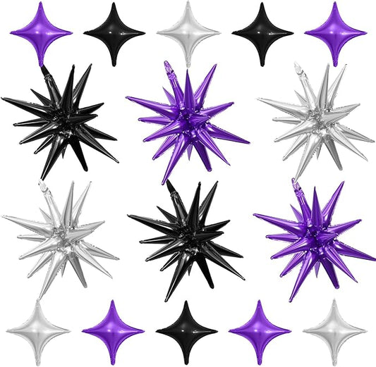Black Purple Silver Star Balloon,6Pcs 22Inch Explosion Star Balloons and 10Pcs 10Inch Four Angle Balloons Kit for Halloween Birthday Anniversary Graduation Baby Shower Wedding Party Decorations