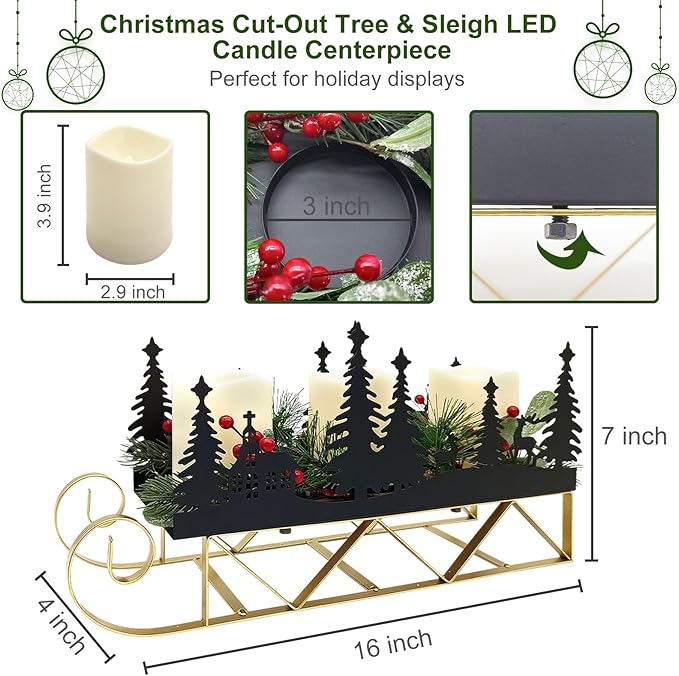 Christmas Centerpiece Table Decorations with Flickering Led Candle Lights Xmas Sleigh Silhouette Candelabrum for Dinning Room, Table, Fireplace, Mantel Holiday Decoration