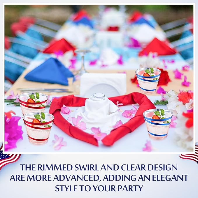 Gejoy 9 oz Rimmed Swirl Plastic Cups Disposable Wine Drinking Cups Clear Elegant Halloween Tumblers for Christmas Party Supplies(Red, Blue,100 Pcs)