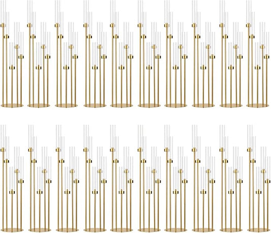 20PCS Gold Floor Candelabra,5 Arm Candle Holder Tall Floor Candle Holder with Acrylic Lampshade for Wedding Table Birthday Party Home Decoration Fit LED Taper Candles