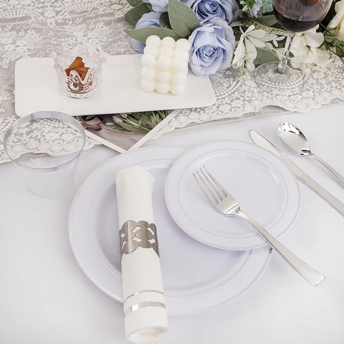 GATHER 350PCS Silver Plastic Plates - White and Silver Disposable Plates for 50 Guests Includes 50 Dinner Plates 50 Dessert Plate 50 Napkins 150 Silvery Cutlery and 50 Cups for Party & Christmas