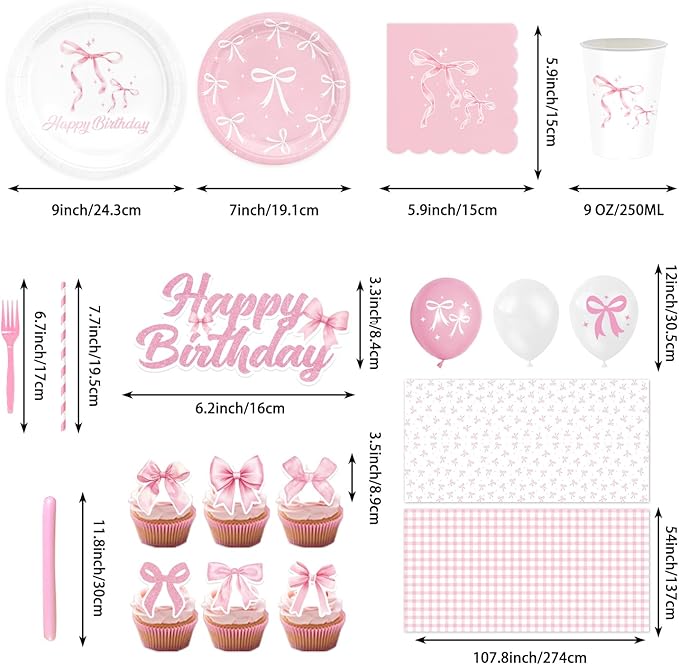 190PCS Pink Bow Party Supplies Birthday Decorations Coquette Disposable Plates Napkins Set, Banner, Hanging Swirls, Tablecloth, Cake Topper, Balloon, Honeycomb Centerpieces Table Decorations