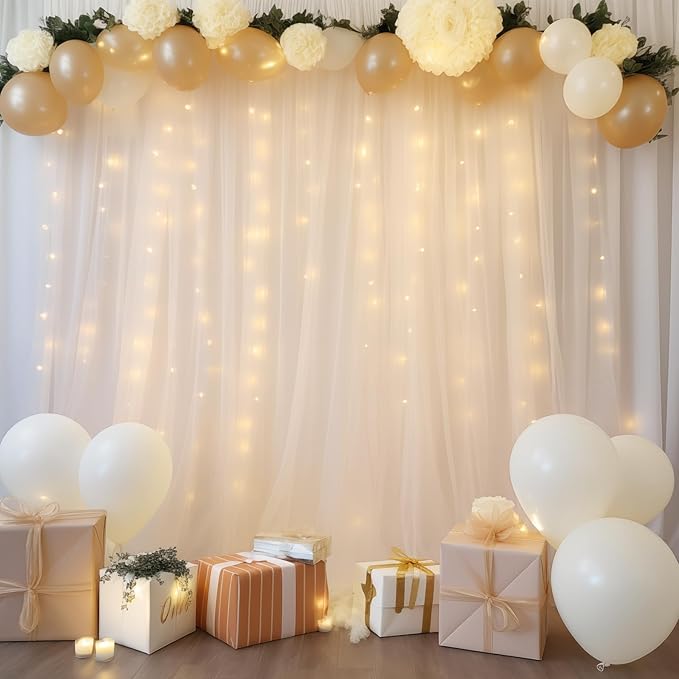10ft x 8ft White Backdrop Curtain with Lights String for Parties, Sheer Tulle Wedding Photo Backdrops Drapes for Baby Shower Birthday Party Decorations Background for Photography