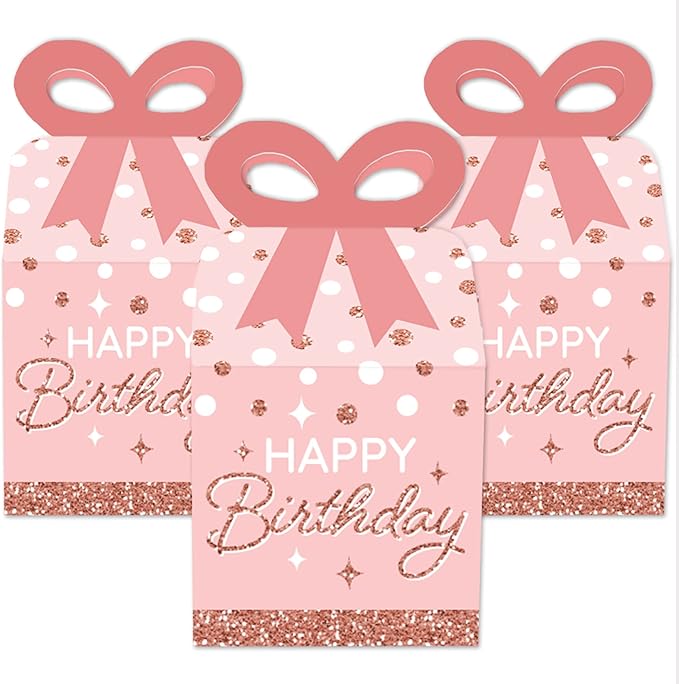 Big Dot of Happiness Pink Rose Gold Birthday - Square Favor Gift Boxes - Happy Birthday Party Bow Boxes - Set of 12