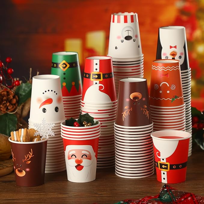 Zhehao 200 Pcs Christmas Paper Cups Xmas Disposable Coffee Cups 9 oz Santa Snowman Elk Disposable Christmas Paper Drinkware for Tea Beverage Cocoa Cold Hot Drink