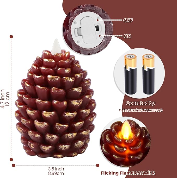 Christmas Pinecone Candles Flameless,Battery Operated Candles with Flickering Wick,Indoors Fake Candle,Christmas Candle Pine Cones Holiday Decor,Winter Thanksgiving Decorations,Set of 2